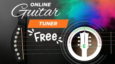 Free online guitar tuner interface showing a digital tuning meter over an acoustic guitar body.