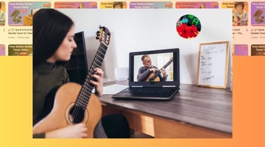 A woman takes online guitar lessons on her laptop with a virtual instructor at home.