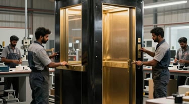 A cinematic photograph inside a high-end fabrication workshop in India. Workers in professional gear are finishing a bespoke elevator cabin made of brushed black steel with gold accents. Soft industrial lighting creates a premium, high-contrast atmosphere.