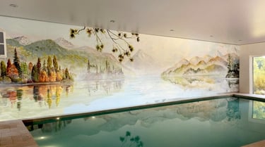 Hand-painted New Zealand lake mural evoking serenity in a luxury spa setting.