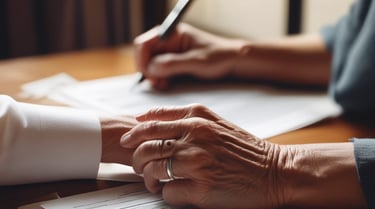 Close-up of hands signing a legal will with a pen