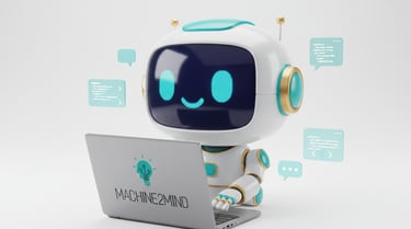 Machine2Mind Roboter arbeitet konzentriert am Laptop mit Firmenlogo