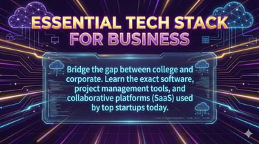 Futuristic Essential Tech Stack for Business course display with cloud network graphics.