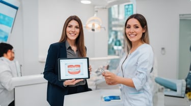 A third photo of dental professionals in their office, emphasizing a positive work environment.