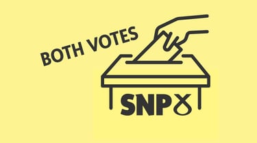 black out line graphic of a ballot box with the text both votes snp in black on yellow background