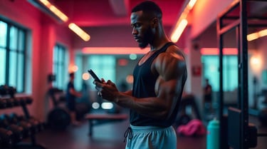 a man in a gym holding a cell phone