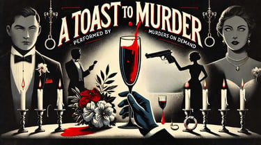 Vintage murder mystery dinner party poster titled A Toast to Murder featuring noir silhouettes and candles.