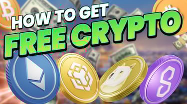 How to get free crypto — illustration of popular coins & cash, used as header image for free-crypto