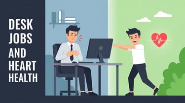 डेस्क जॉब करने वाले व्यक्ति का चित्र – एक तरफ बैठे-बैठे दिल पर बोझ दिखता है और दूसरी तरफ व्यायाम 