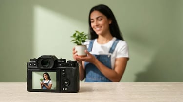 Donna sorridente con pianta vicino a una fotocamera, shooting aziendale in luce naturale
