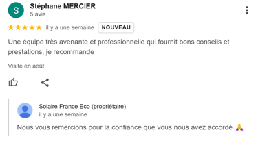 Avis client Google sur installation photovoltaïque à Lorgues avec réponse de Solaire France Eco