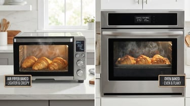 Croissants baked in an air fryer and oven demonstrating lighter, low-calorie baking methods