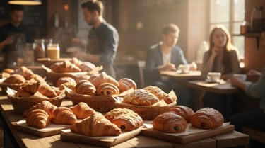 Variety of croissants including chocolate and almond croissants showing global popularity