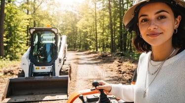 A smiling female operator using a skid steer loader for forest land clearing and construction.