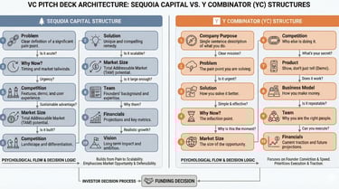 Infographic comparing Sequoia and YC pitch deck slide structures and investor decision flow.