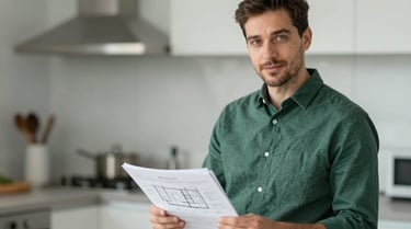 A professional portrait of a foodservice consultant reviewing a set of architectural kitchen plans and spreadsheets. The person looks confident and trustworthy. The image features a clean, professional aesthetic with a blurred background and a color palette including #1C382A and #5E8C78.