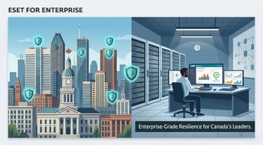 ESET Enterprise security: Montreal skyline and modern data center monitoring for Canadian large-scale corporations.