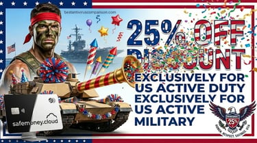 A Rambo-style soldier posing next to a military tank firing multicolored confetti, ESET 25% discount promo.