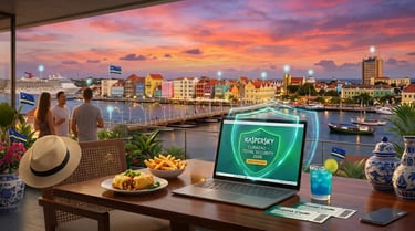 Casas de colores de Willemstad desde terraza con cóctel azul y seguridad de Kaspersky Curazao.