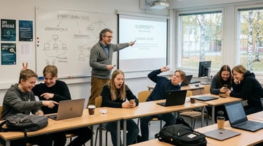 Kyberturvallisuus kurssi Suomessa opettaja ja opiskelijat luokkahuoneessa.