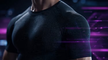 Atleta com camiseta preta de compressão em academia futurista com luzes neon.