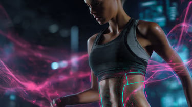 Atleta feminina com top e regata técnica em close-up, com luzes neon e biomecânicas.
