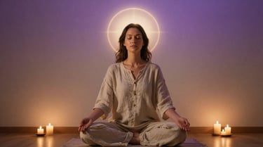 Woman in candlelit room seated in meditation with golden-white light expanding from crown upward