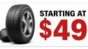 Promotional tire sale banner for Fast Tire Shop featuring new and used tires starting at $49