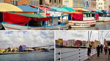 Autora na ponte flutuante Queen Emma, com as casas coloridas de Punda ao fundo, em Willemstad, Curaçao.