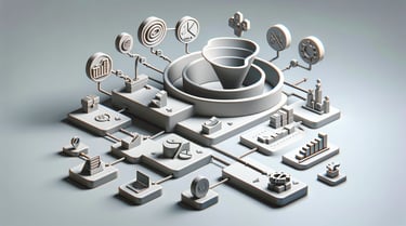A 3D sales funnel pipeline graphic with business icons and metrics leading to a central structure.