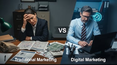 A split-screen image of a frustrated traditional marketer versus a happy digiteal markerter