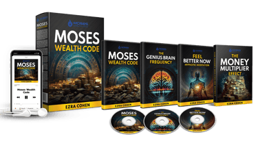 Moses Wealth Code digital training bundle including eBooks, audio CDs, and a smartphone meditation app.