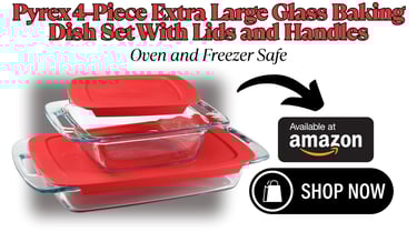 a glass baking dish with a red and white sign that says, pre - cut
