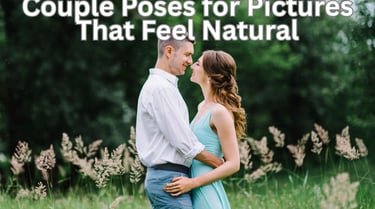 A smiling couple embracing in a field, demonstrating natural engagement photo poses.