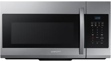 A stainless steel samsung microwave with a digital clock displaying 12:00 and touchpad controls on the right.