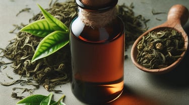 a brown glass bottle with liquid, and herbs around it