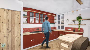 Visuel photoréaliste d'une cuisine dans un appartement de ville rouge dynamique et bois