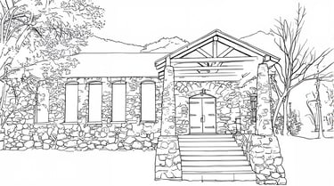Black and white line drawing of the Historic. Fallsvale Schoolhouse