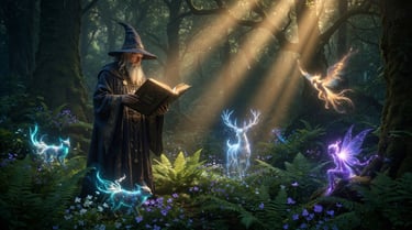 A wizard reading a spell book in a magical forest with glowing spirit animals and fairies.