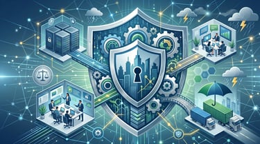 Infografía de ciberseguridad estratégica: escudo central uniendo infraestructura, logística y datos