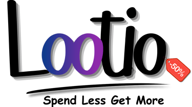 Lootio logo with a purple and blue infinity symbol and a red 50 percent off discount tag.
