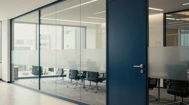 A clean, eye-level photograph of a modern office interior with glass partitions, reflecting a sophisticated and professional atmosphere with a color scheme of off-white and dark blue.