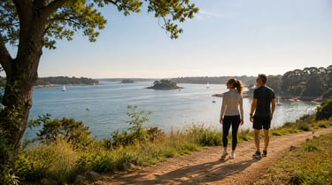Promenade côtière ensoleillée et paisible pour un couple 40+ 