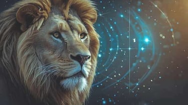 Tête de lion sur fond céleste avec des étoiles