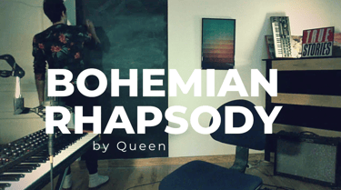 Guitar teacher performing 'Bohemian Rhapsody' by Queen in home studio