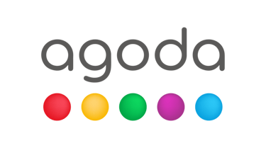 Official Agoda logo featuring gray typography and five colorful dots on a black background.