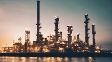 a large industrial area with a body of water in front of it