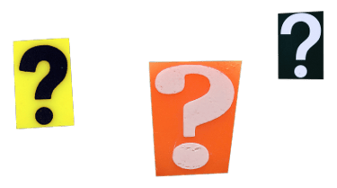 Vraagtekens uitgeknipt op geel, oranje en zwart