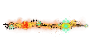 Abstract cosmic digital art with glowing neon geometric shapes, fiery suns, and sparkles on a black background.