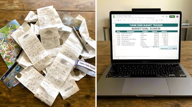 Split screen: A chaotic pile of expensive theme park receipts next to an organized digital budget tracker on a laptop.